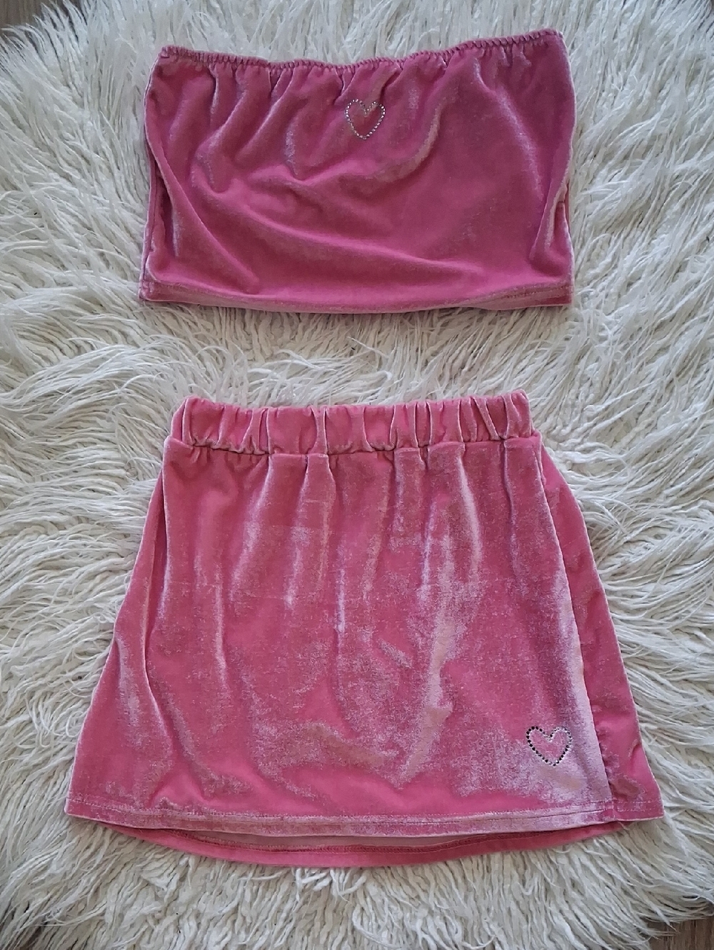 Pink Velvet Two-Piece Tube Top and Mini Skirt Set